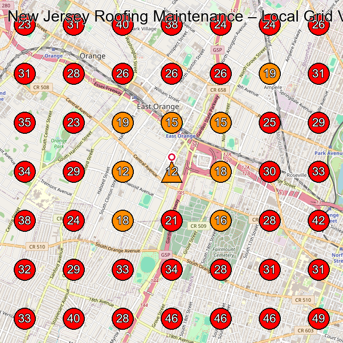 New Jersey Roofing Maintenance GeoGrid visibility map for Roofing Contractor in East Orange